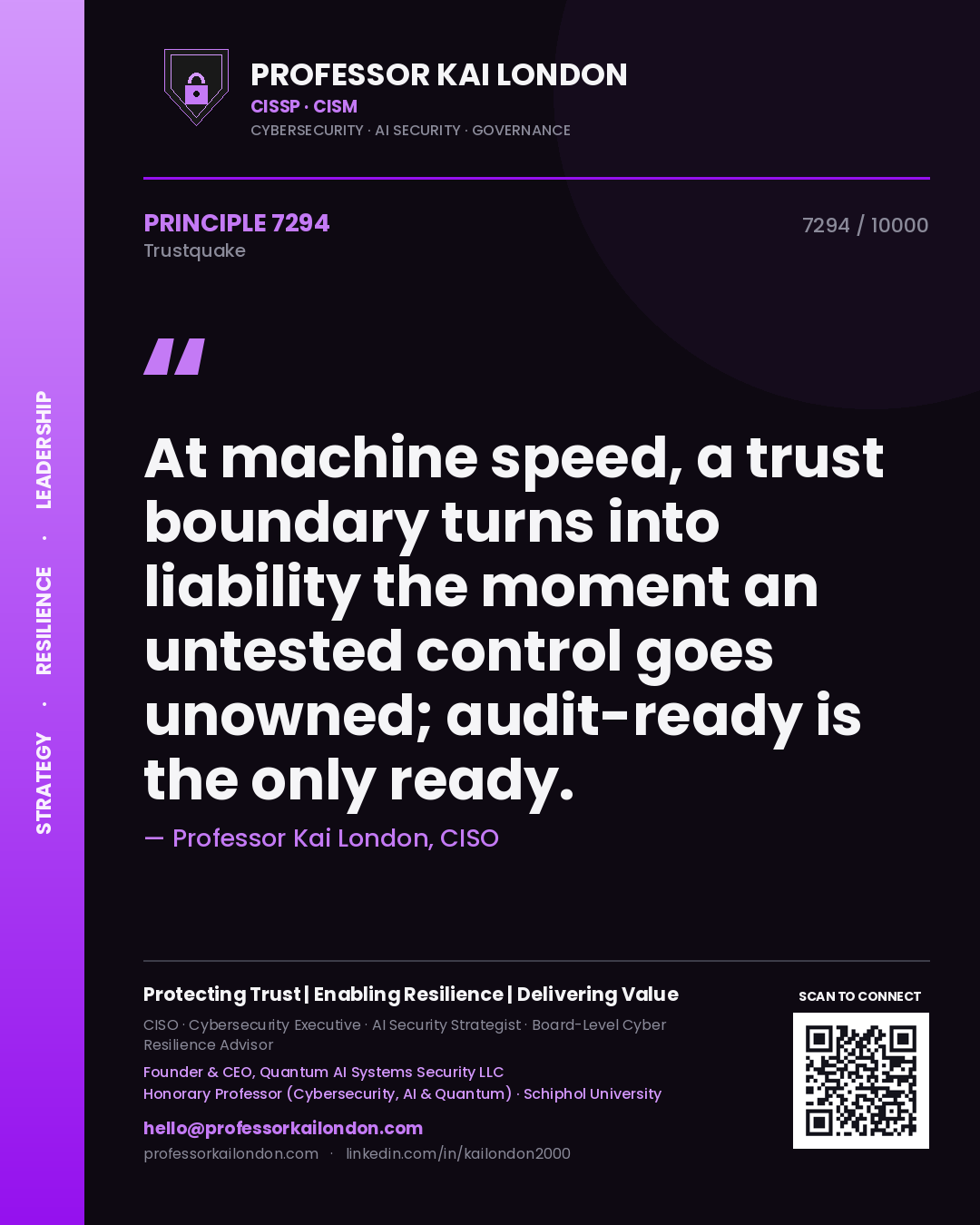 Professor Kai London principle 7294: At machine speed, a trust boundary turns into liability the moment an untested control goes unowned; audit-ready is the only ready.