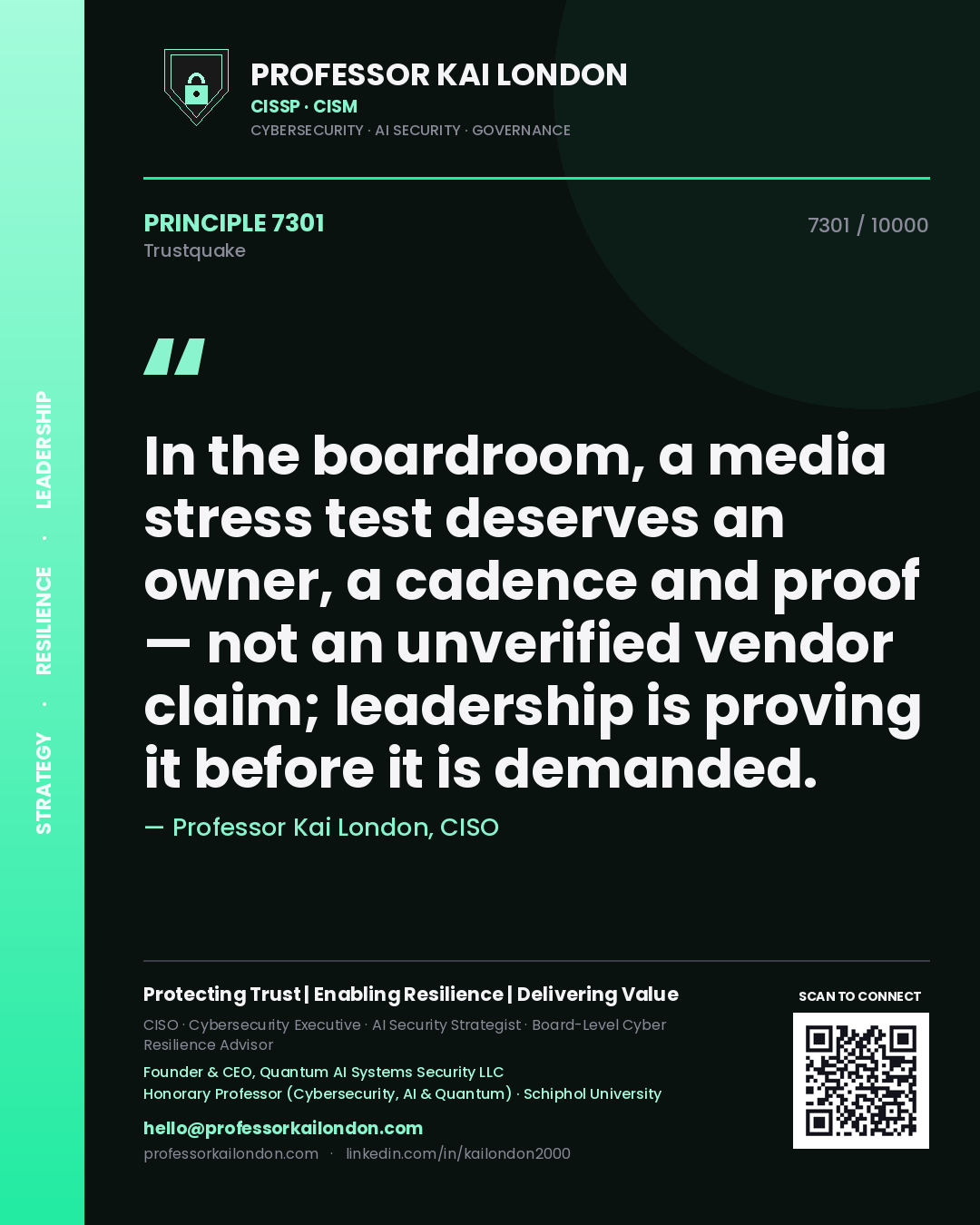 Quote card by Professor Kai London reading 'In the boardroom, a media stress test deserves an owner, a cadence and proof — not an unverified vendor claim; leadership is proving it before it is demanded.'. From the book Trustquake.
