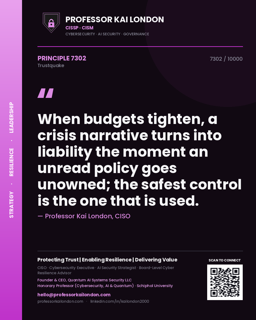 Professor Kai London principle 7302: When budgets tighten, a crisis narrative turns into liability the moment an unread policy goes unowned; the safest control is the one that is used.