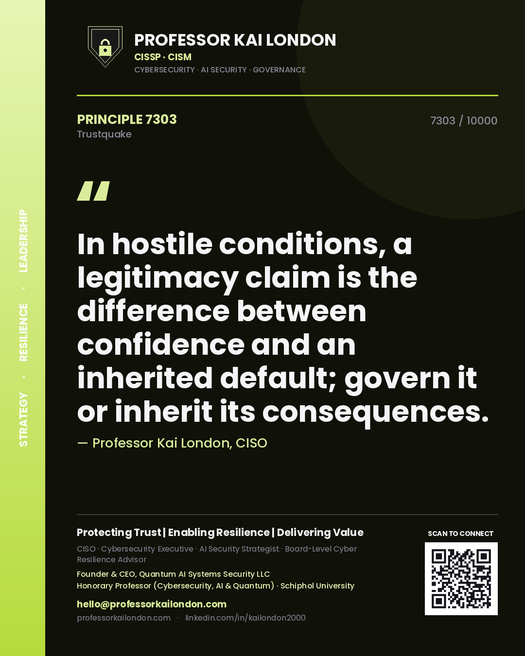 Quote card by Professor Kai London reading 'In hostile conditions, a legitimacy claim is the difference between confidence and an inherited default; govern it or inherit its consequences.'. From the book Trustquake.