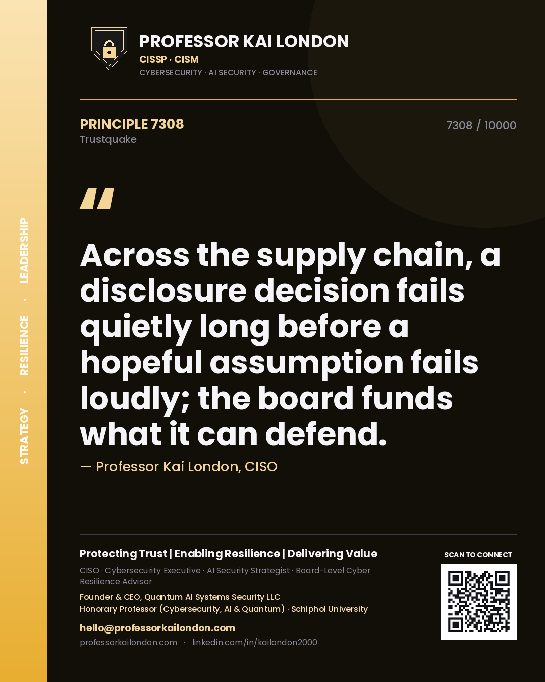 Quote card by Professor Kai London reading 'Across the supply chain, a disclosure decision fails quietly long before a hopeful assumption fails loudly; the board funds what it can defend.'. From the book Trustquake.