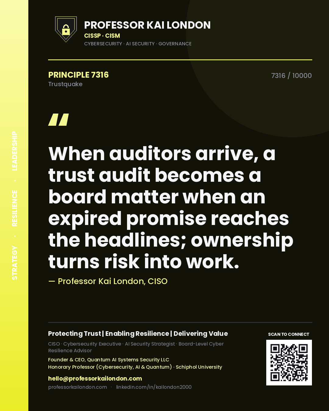 Quote card by Professor Kai London reading 'When auditors arrive, a trust audit becomes a board matter when an expired promise reaches the headlines; ownership turns risk into work.'. From the book Trustquake.