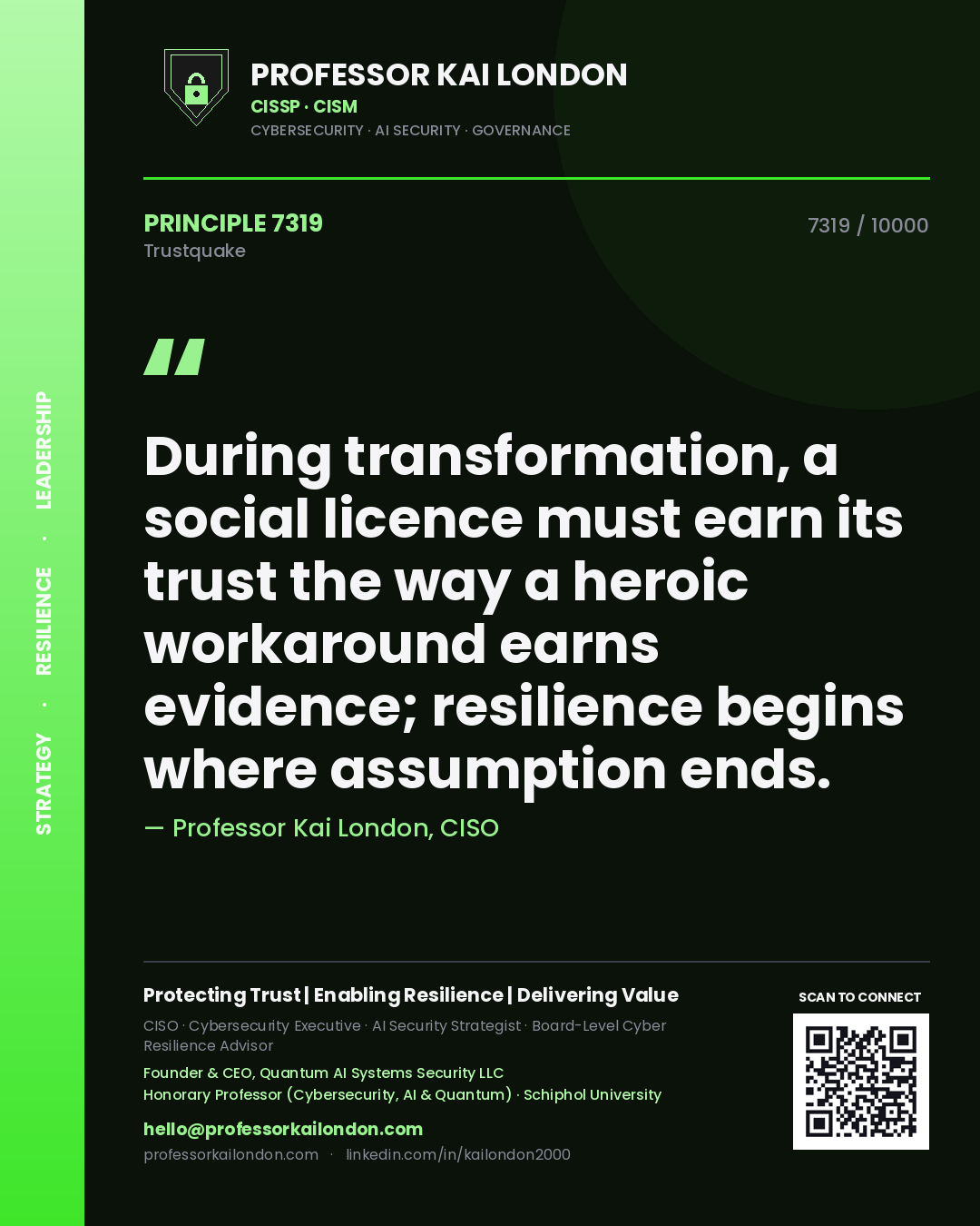Quote card by Professor Kai London reading 'During transformation, a social licence must earn its trust the way a heroic workaround earns evidence; resilience begins where assumption ends.'. From the book Trustquake.