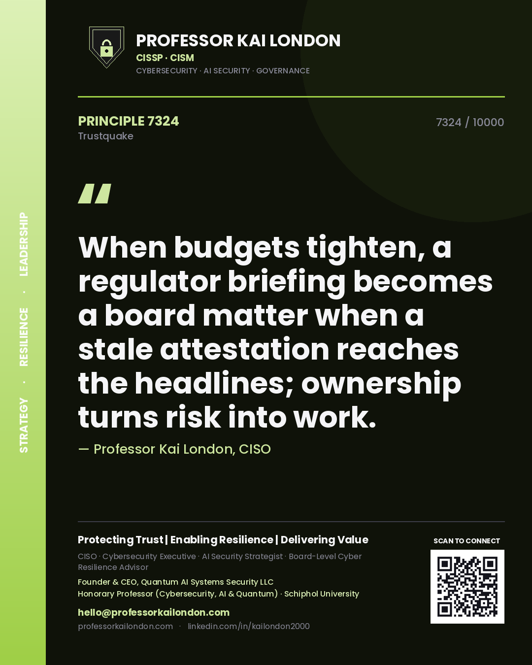 Quote card by Professor Kai London reading 'When budgets tighten, a regulator briefing becomes a board matter when a stale attestation reaches the headlines; ownership turns risk into work.'. From the book Trustquake.