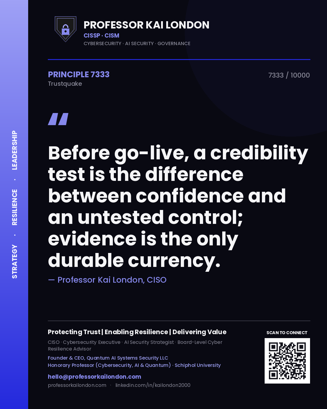 Professor Kai London principle 7333: Before go-live, a credibility test is the difference between confidence and an untested control; evidence is the only durable currency.