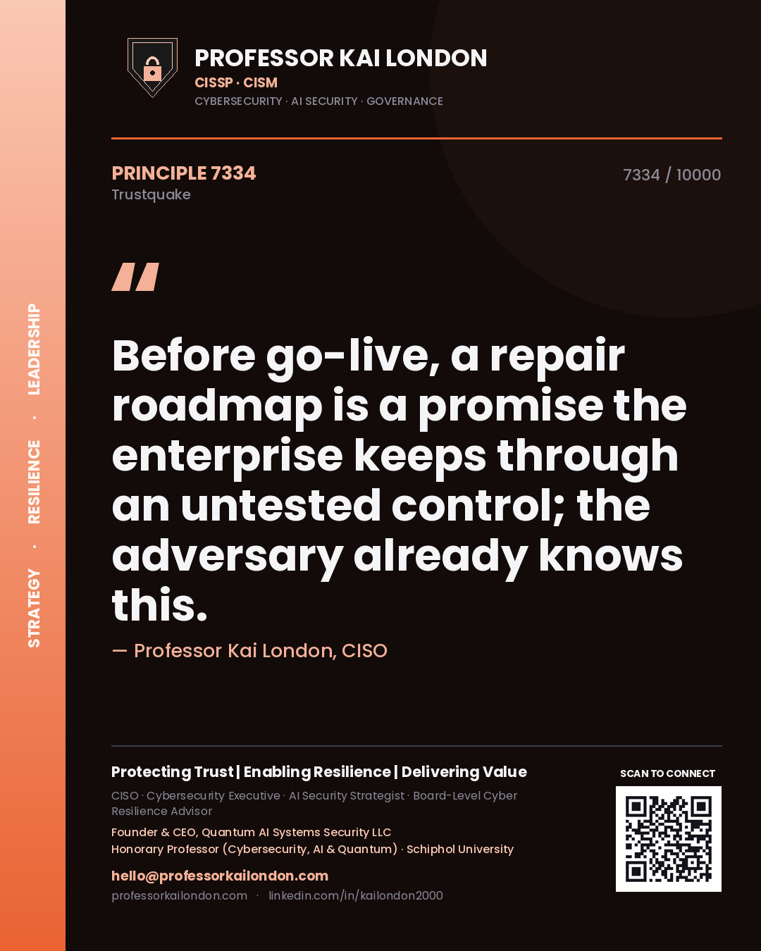 Quote card by Professor Kai London reading 'Before go-live, a repair roadmap is a promise the enterprise keeps through an untested control; the adversary already knows this.'. From the book Trustquake.