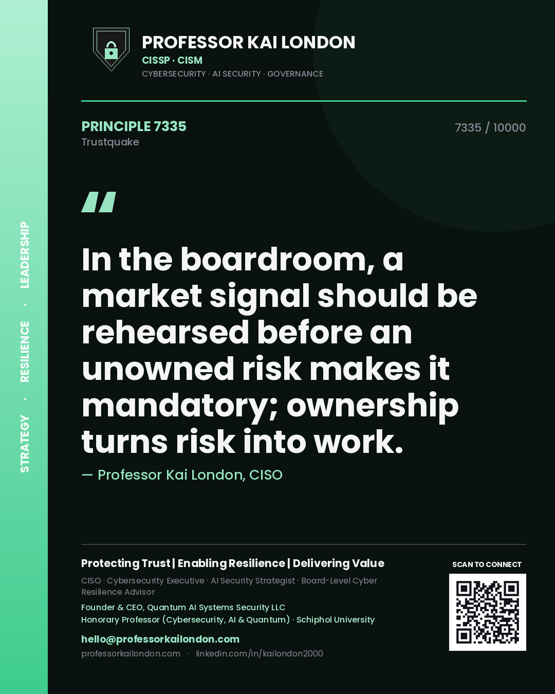 Quote card by Professor Kai London reading 'In the boardroom, a market signal should be rehearsed before an unowned risk makes it mandatory; ownership turns risk into work.'. From the book Trustquake.