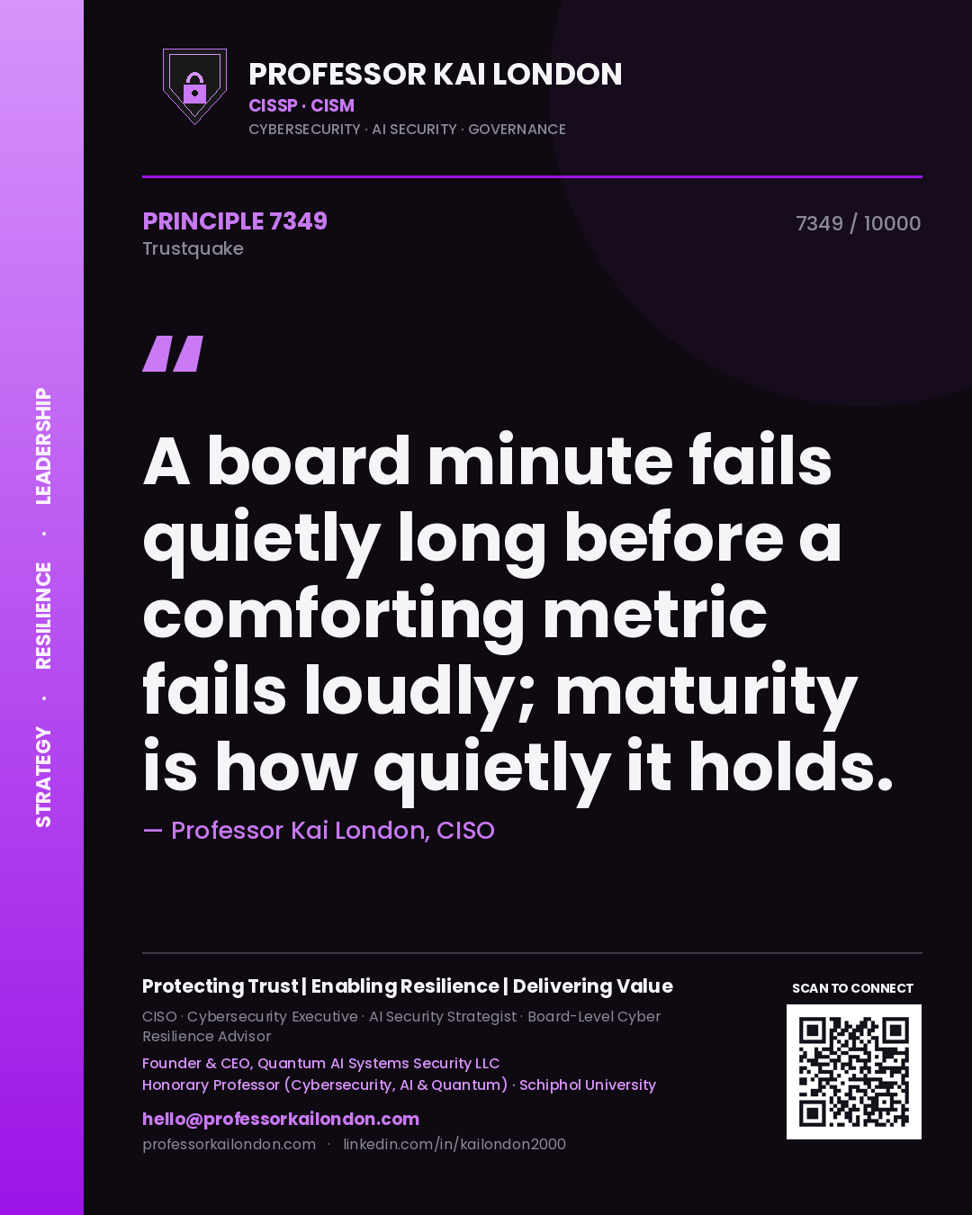 Quote card by Professor Kai London reading 'A board minute fails quietly long before a comforting metric fails loudly; maturity is how quietly it holds.'. From the book Trustquake.