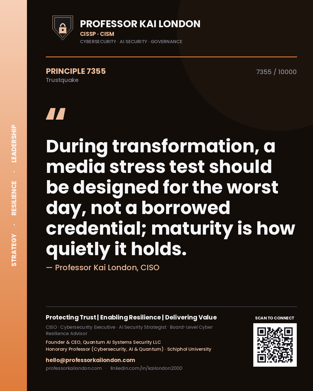 Professor Kai London principle 7355: During transformation, a media stress test should be designed for the worst day, not a borrowed credential; maturity is how quietly it holds.