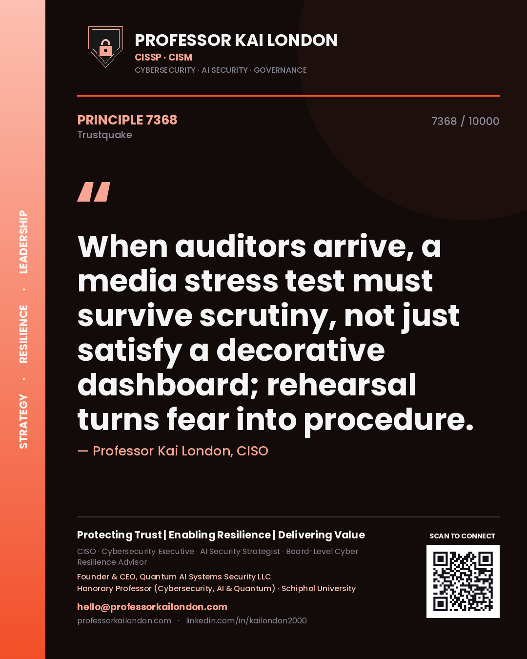 Quote card by Professor Kai London reading 'When auditors arrive, a media stress test must survive scrutiny, not just satisfy a decorative dashboard; rehearsal turns fear into procedure.'. From the book Trustquake.