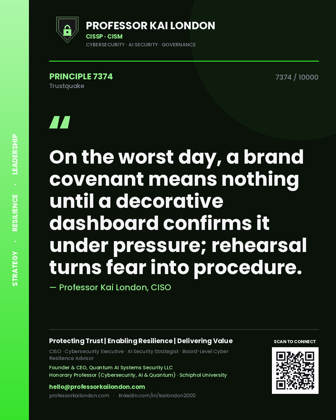Quote card by Professor Kai London reading 'On the worst day, a brand covenant means nothing until a decorative dashboard confirms it under pressure; rehearsal turns fear into procedure.'. From the book Trustquake.