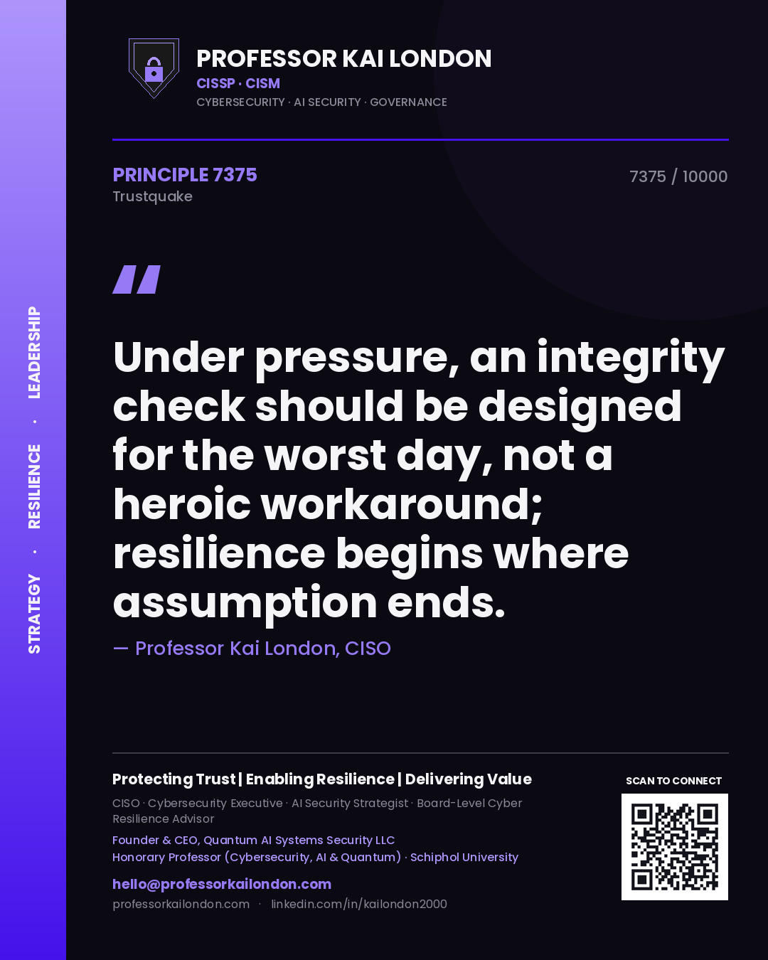 Professor Kai London principle 7375: Under pressure, an integrity check should be designed for the worst day, not a heroic workaround; resilience begins where assumption ends.