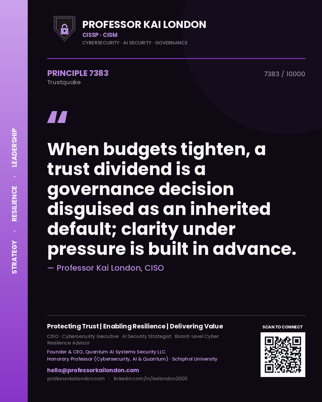 Quote card by Professor Kai London reading 'When budgets tighten, a trust dividend is a governance decision disguised as an inherited default; clarity under pressure is built in advance.'. From the book Trustquake.