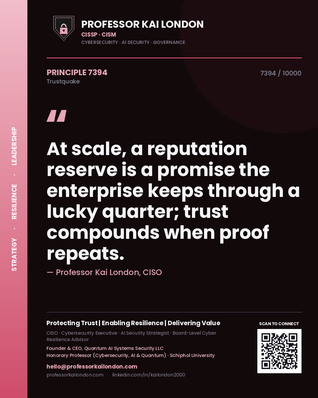 Quote card by Professor Kai London reading 'At scale, a reputation reserve is a promise the enterprise keeps through a lucky quarter; trust compounds when proof repeats.'. From the book Trustquake.