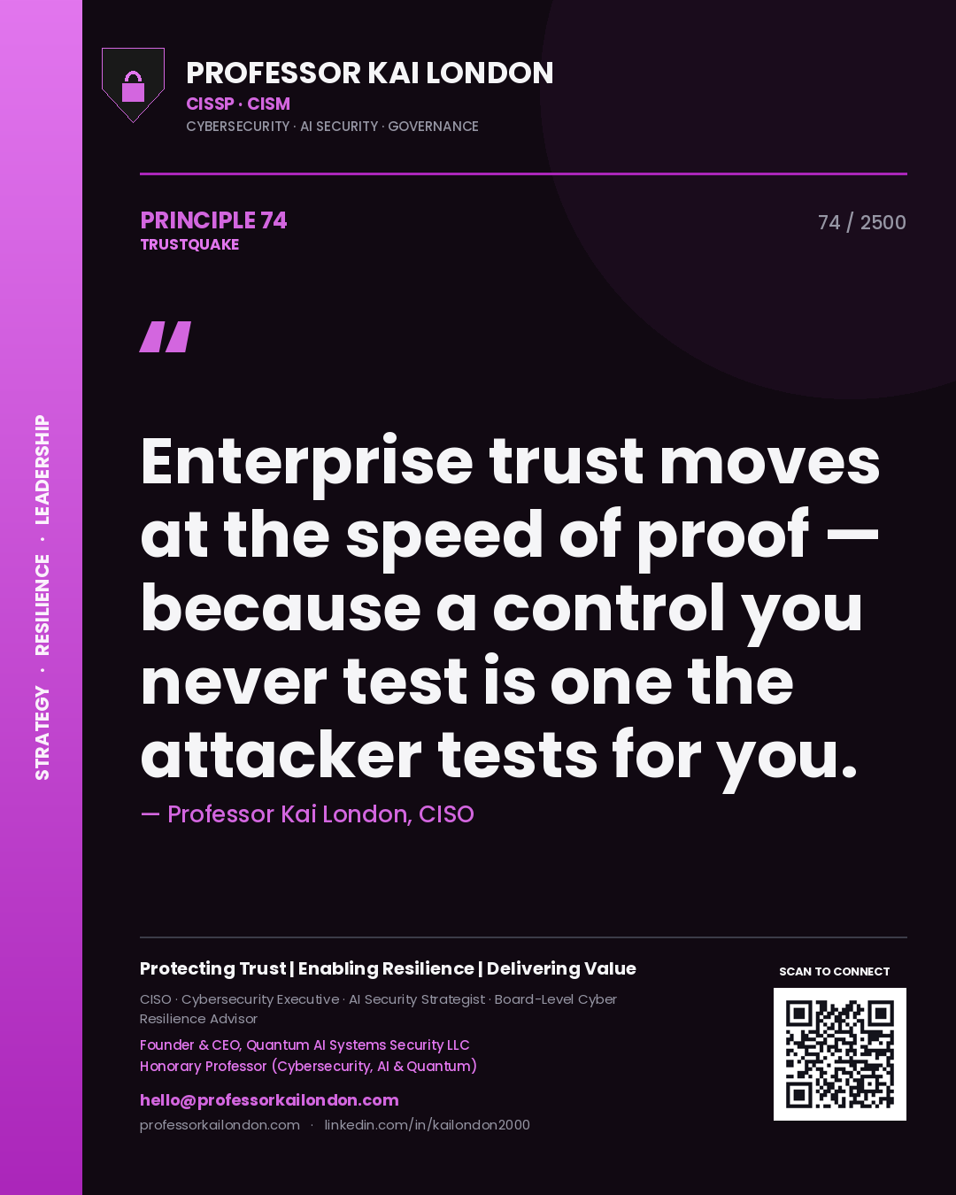 Quote card by Professor Kai London reading 'Enterprise trust moves at the speed of proof — because a control you never test is one the attacker tests for you.'. From the book Trustquake.