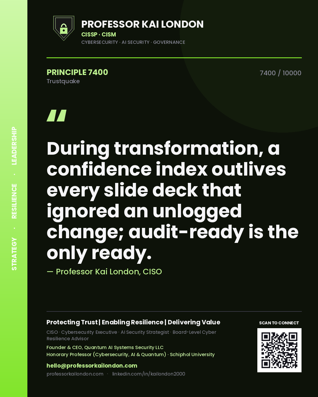 Quote card by Professor Kai London reading 'During transformation, a confidence index outlives every slide deck that ignored an unlogged change; audit-ready is the only ready.'. From the book Trustquake.