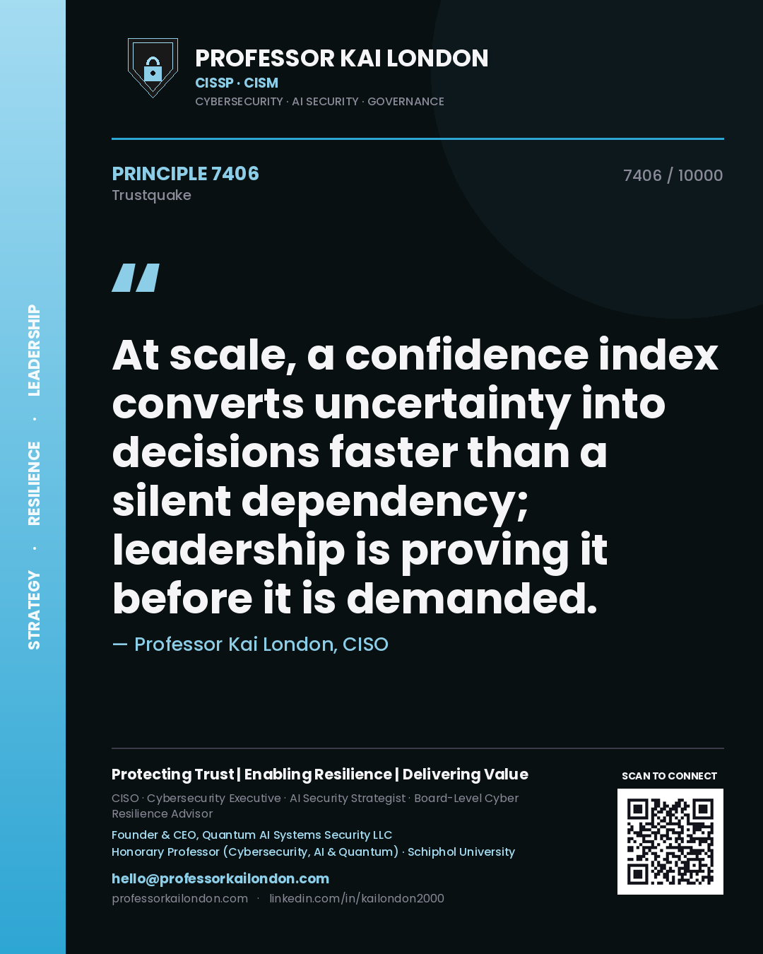 Quote card by Professor Kai London reading 'At scale, a confidence index converts uncertainty into decisions faster than a silent dependency; leadership is proving it before it is demanded.'. From the book Trustquake.