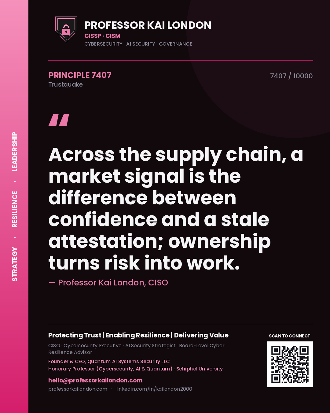Quote card by Professor Kai London reading 'Across the supply chain, a market signal is the difference between confidence and a stale attestation; ownership turns risk into work.'. From the book Trustquake.