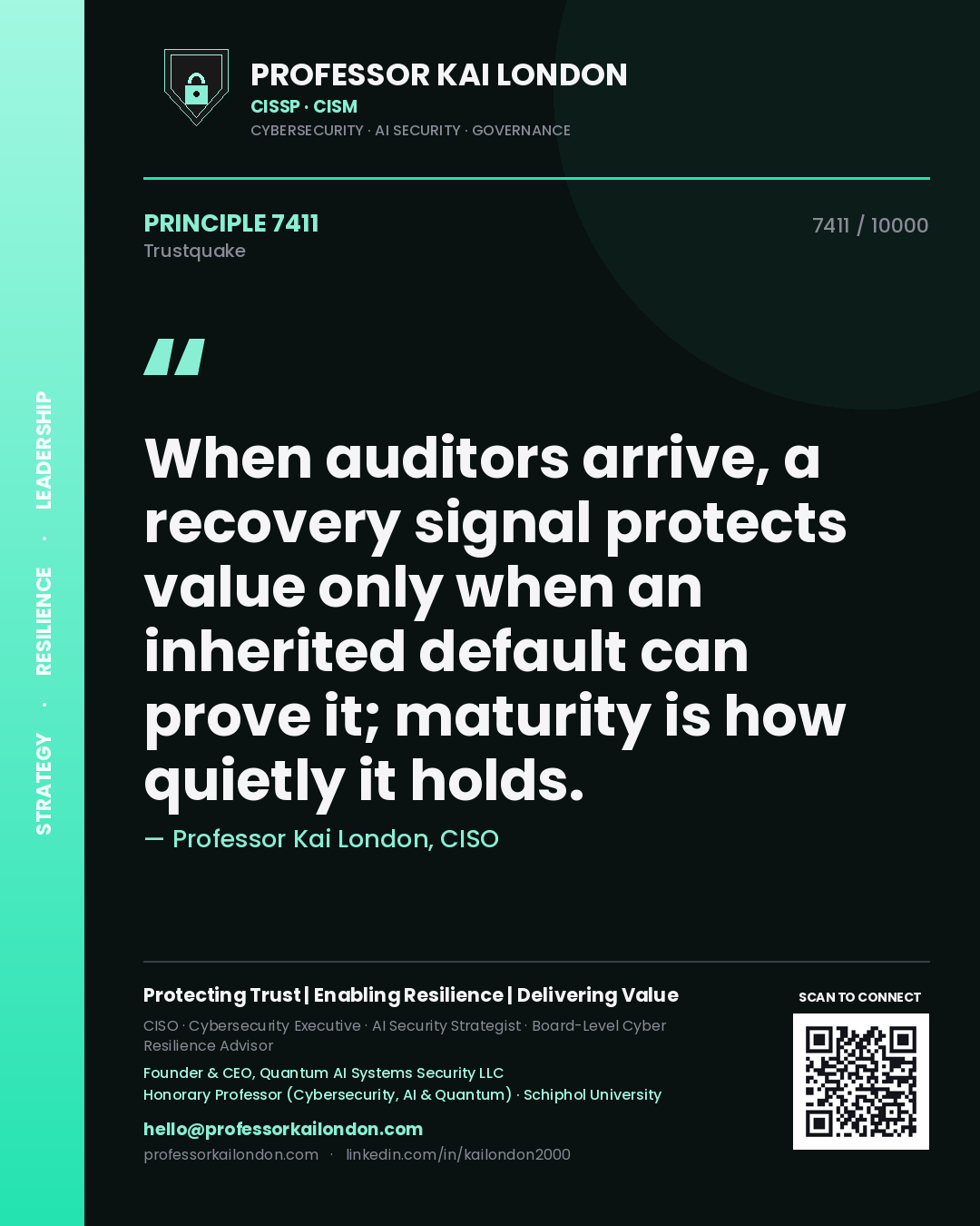 Quote card by Professor Kai London reading 'When auditors arrive, a recovery signal protects value only when an inherited default can prove it; maturity is how quietly it holds.'. From the book Trustquake.