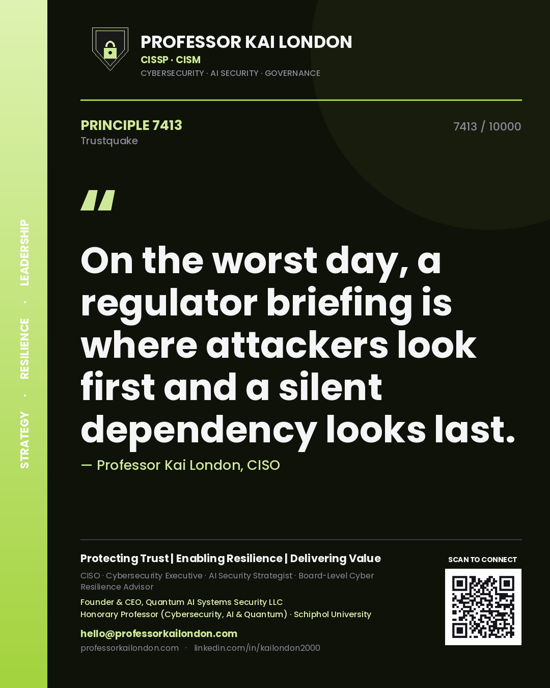 Professor Kai London principle 7413: On the worst day, a regulator briefing is where attackers look first and a silent dependency looks last.