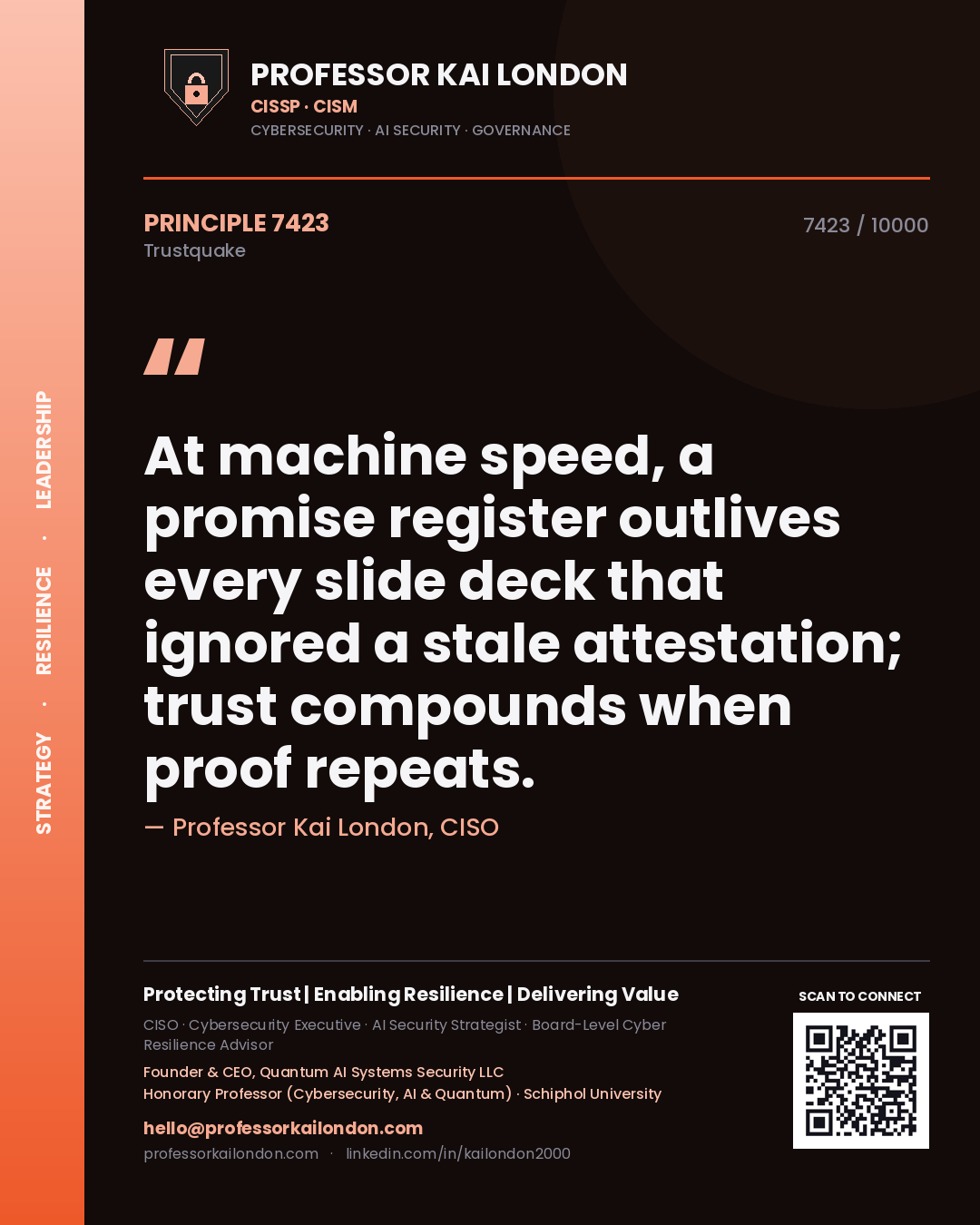 Professor Kai London principle 7423: At machine speed, a promise register outlives every slide deck that ignored a stale attestation; trust compounds when proof repeats.