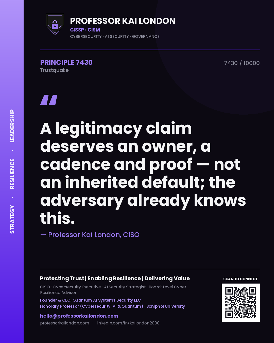 Quote card by Professor Kai London reading 'A legitimacy claim deserves an owner, a cadence and proof — not an inherited default; the adversary already knows this.'. From the book Trustquake.