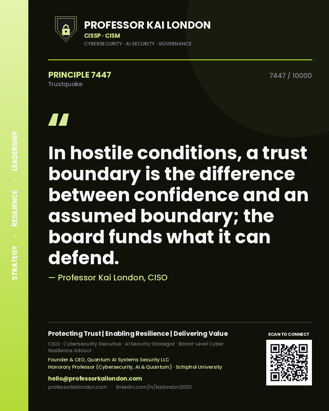 Quote card by Professor Kai London reading 'In hostile conditions, a trust boundary is the difference between confidence and an assumed boundary; the board funds what it can defend.'. From the book Trustquake.