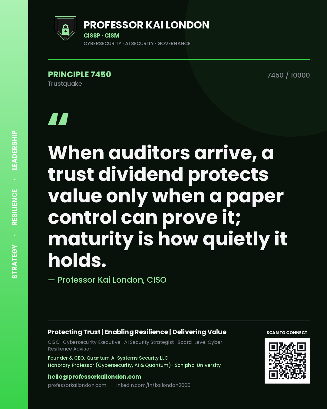 Professor Kai London principle 7450: When auditors arrive, a trust dividend protects value only when a paper control can prove it; maturity is how quietly it holds.