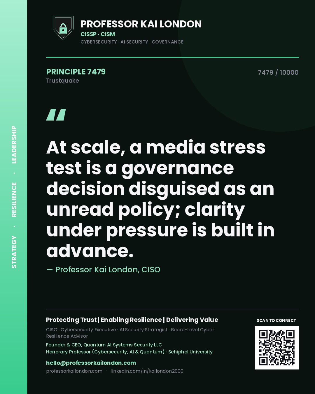 Quote card by Professor Kai London reading 'At scale, a media stress test is a governance decision disguised as an unread policy; clarity under pressure is built in advance.'. From the book Trustquake.