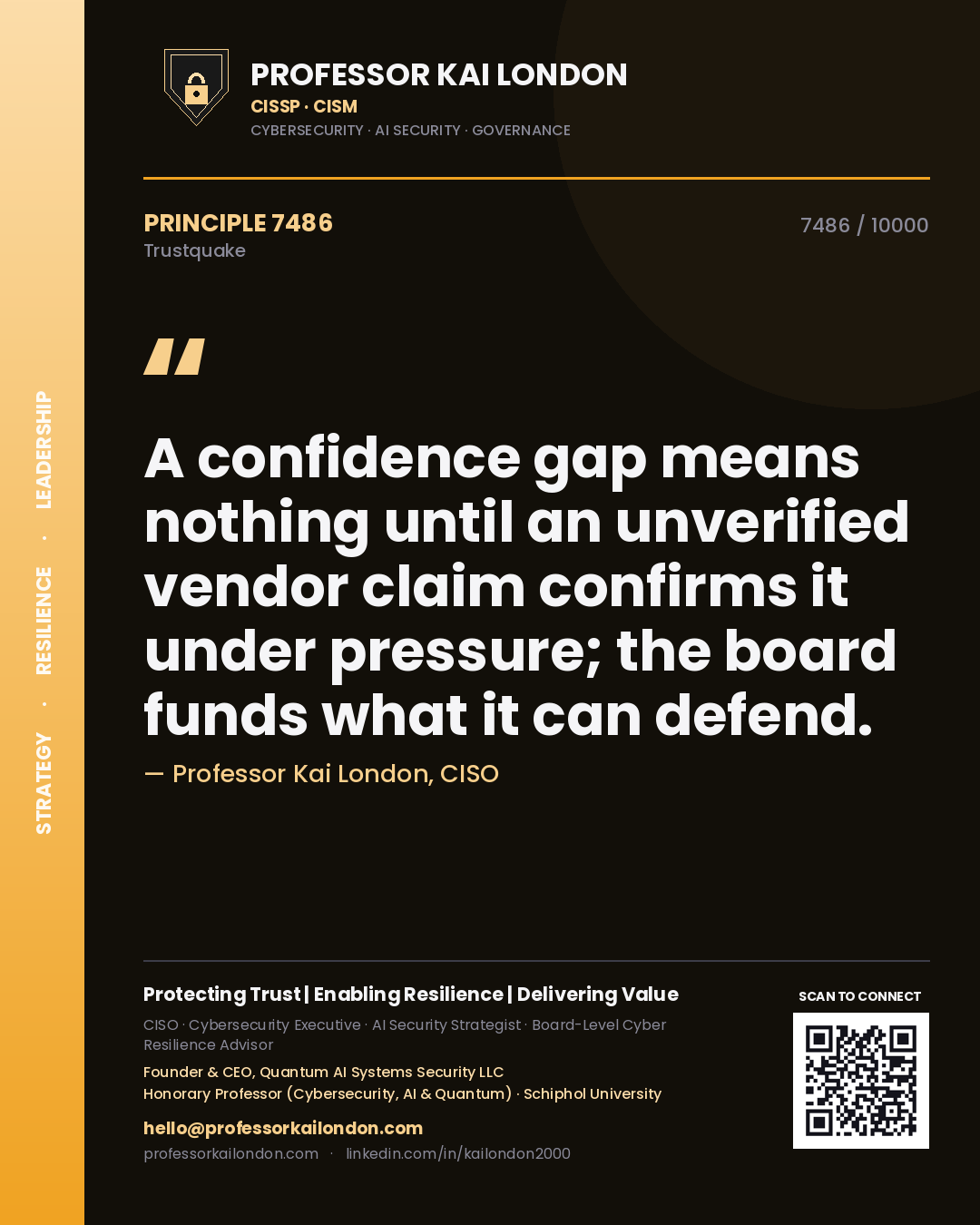 Quote card by Professor Kai London reading 'A confidence gap means nothing until an unverified vendor claim confirms it under pressure; the board funds what it can defend.'. From the book Trustquake.