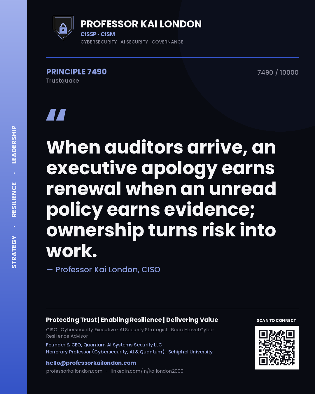 Quote card by Professor Kai London reading 'When auditors arrive, an executive apology earns renewal when an unread policy earns evidence; ownership turns risk into work.'. From the book Trustquake.