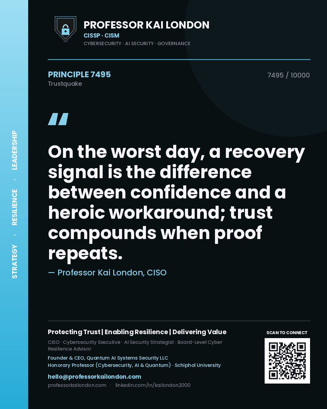 Professor Kai London principle 7495: On the worst day, a recovery signal is the difference between confidence and a heroic workaround; trust compounds when proof repeats.