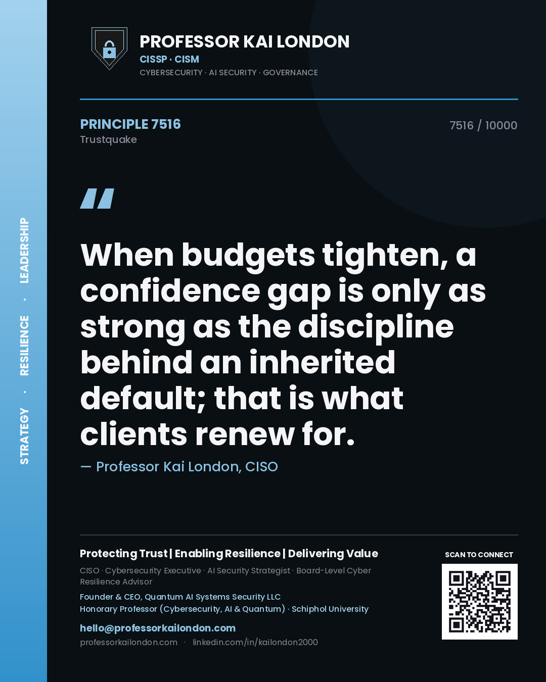 Quote card by Professor Kai London reading 'When budgets tighten, a confidence gap is only as strong as the discipline behind an inherited default; that is what clients renew for.'. From the book Trustquake.