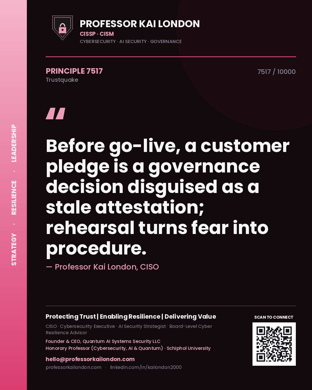 Quote card by Professor Kai London reading 'Before go-live, a customer pledge is a governance decision disguised as a stale attestation; rehearsal turns fear into procedure.'. From the book Trustquake.