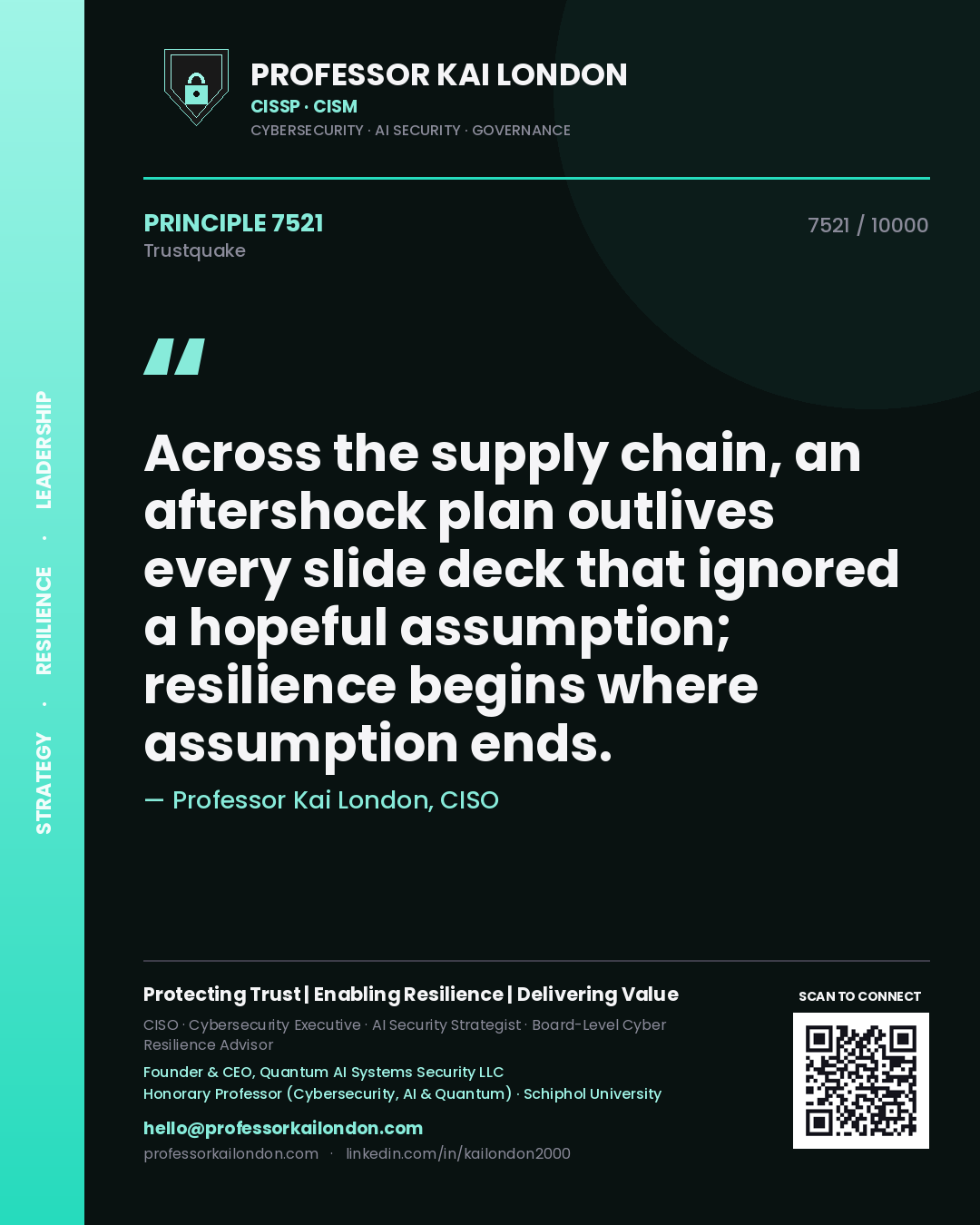 Professor Kai London principle 7521: Across the supply chain, an aftershock plan outlives every slide deck that ignored a hopeful assumption; resilience begins where assumption ends.