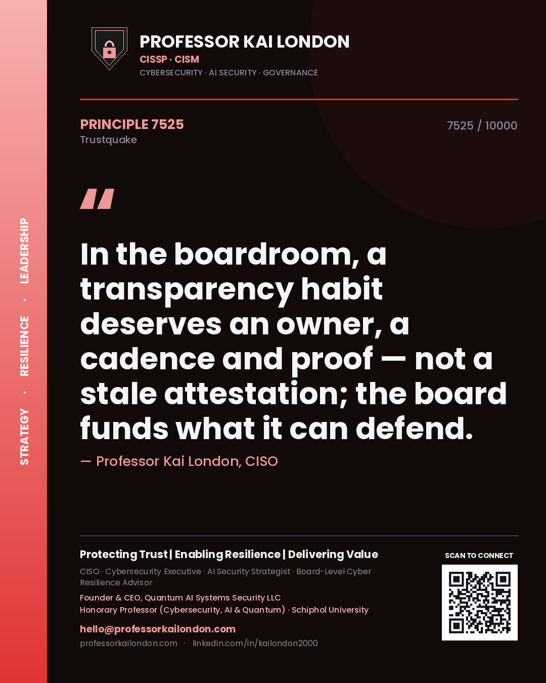 Quote card by Professor Kai London reading 'In the boardroom, a transparency habit deserves an owner, a cadence and proof — not a stale attestation; the board funds what it can defend.'. From the book Trustquake.