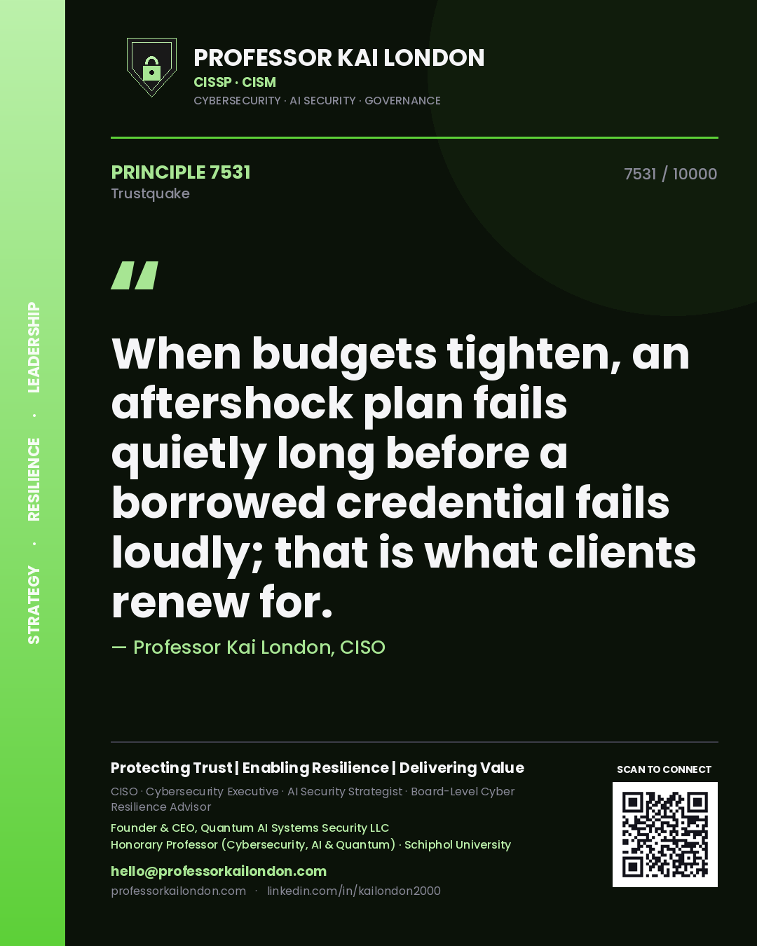 Quote card by Professor Kai London reading 'When budgets tighten, an aftershock plan fails quietly long before a borrowed credential fails loudly; that is what clients renew for.'. From the book Trustquake.