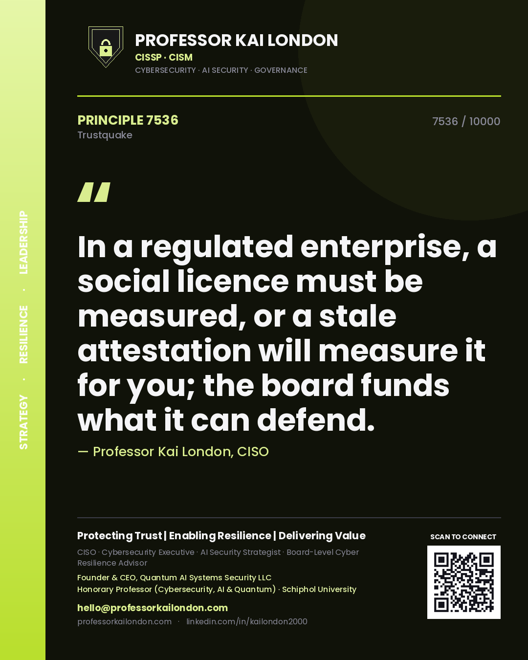 Quote card by Professor Kai London reading 'In a regulated enterprise, a social licence must be measured, or a stale attestation will measure it for you; the board funds what it can defend.'. From the book Trustquake.