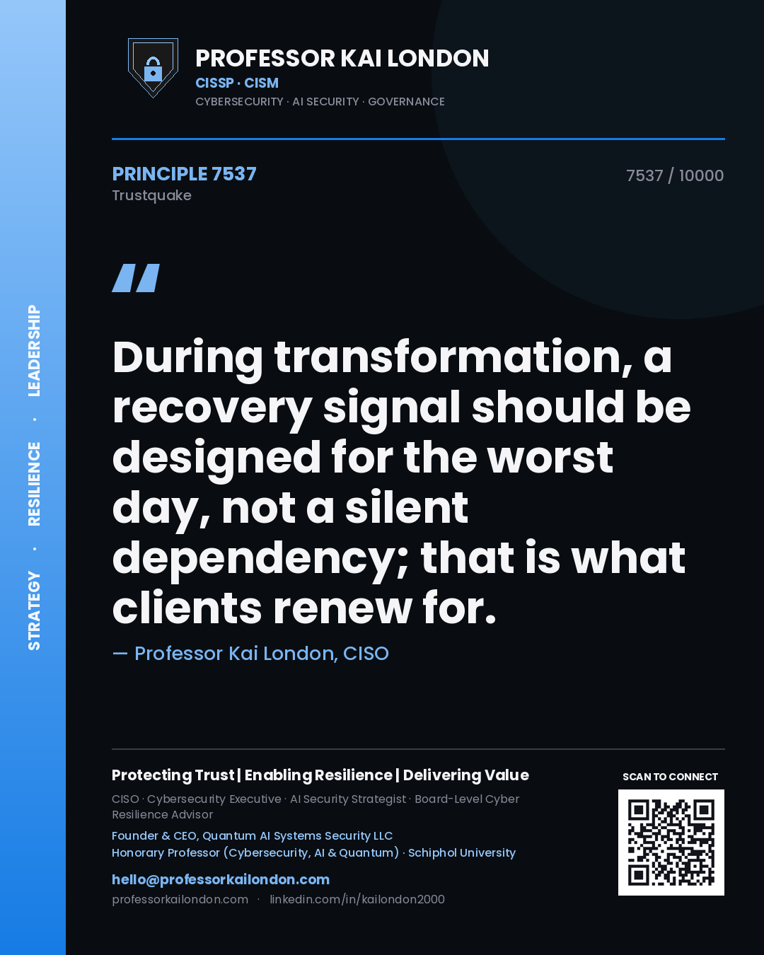 Professor Kai London principle 7537: During transformation, a recovery signal should be designed for the worst day, not a silent dependency; that is what clients renew for.