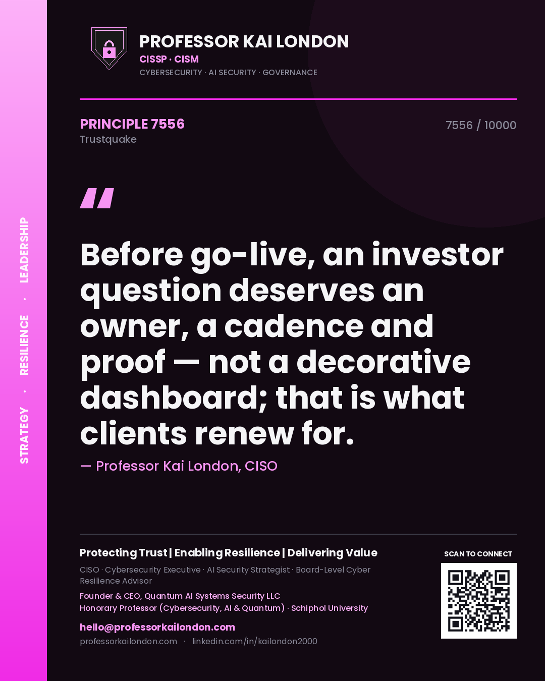 Professor Kai London principle 7556: Before go-live, an investor question deserves an owner, a cadence and proof — not a decorative dashboard; that is what clients renew for.