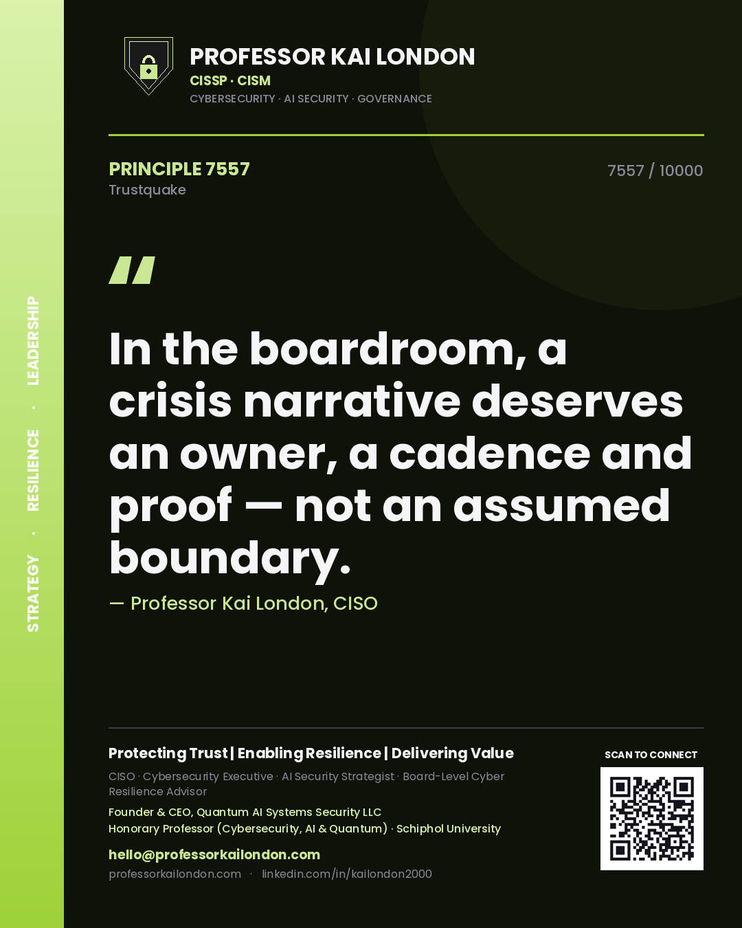 Quote card by Professor Kai London reading 'In the boardroom, a crisis narrative deserves an owner, a cadence and proof — not an assumed boundary.'. From the book Trustquake.