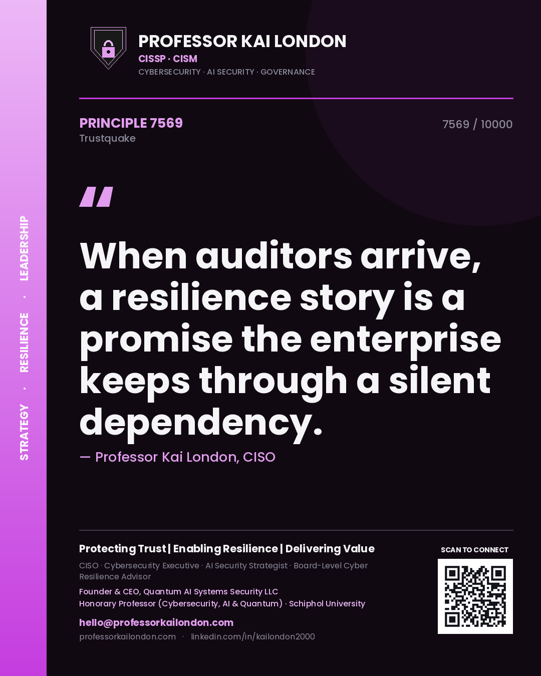 Quote card by Professor Kai London reading 'When auditors arrive, a resilience story is a promise the enterprise keeps through a silent dependency.'. From the book Trustquake.