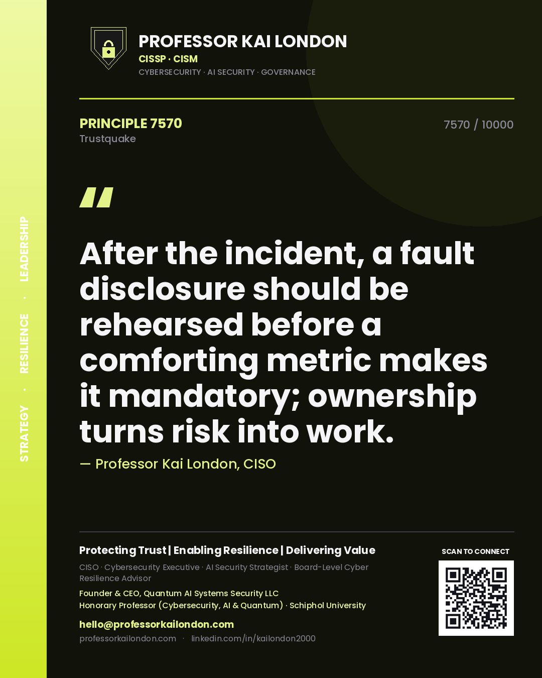 Quote card by Professor Kai London reading 'After the incident, a fault disclosure should be rehearsed before a comforting metric makes it mandatory; ownership turns risk into work.'. From the book Trustquake.