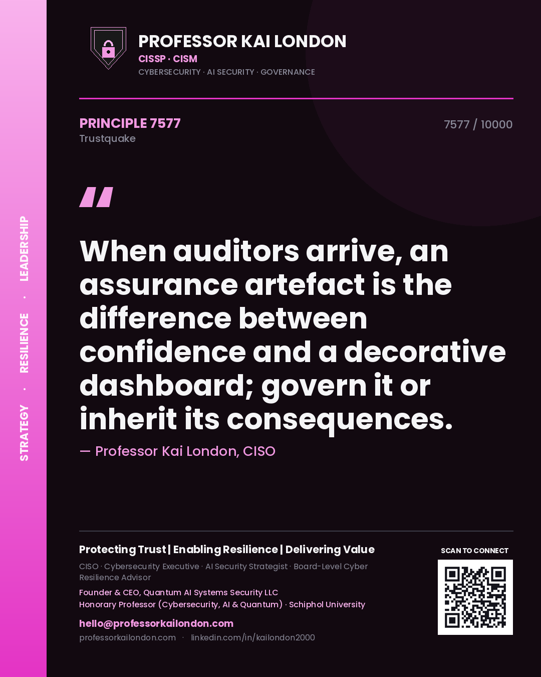 Quote card by Professor Kai London reading 'When auditors arrive, an assurance artefact is the difference between confidence and a decorative dashboard; govern it or inherit its consequences.'. From the book Trustquake.