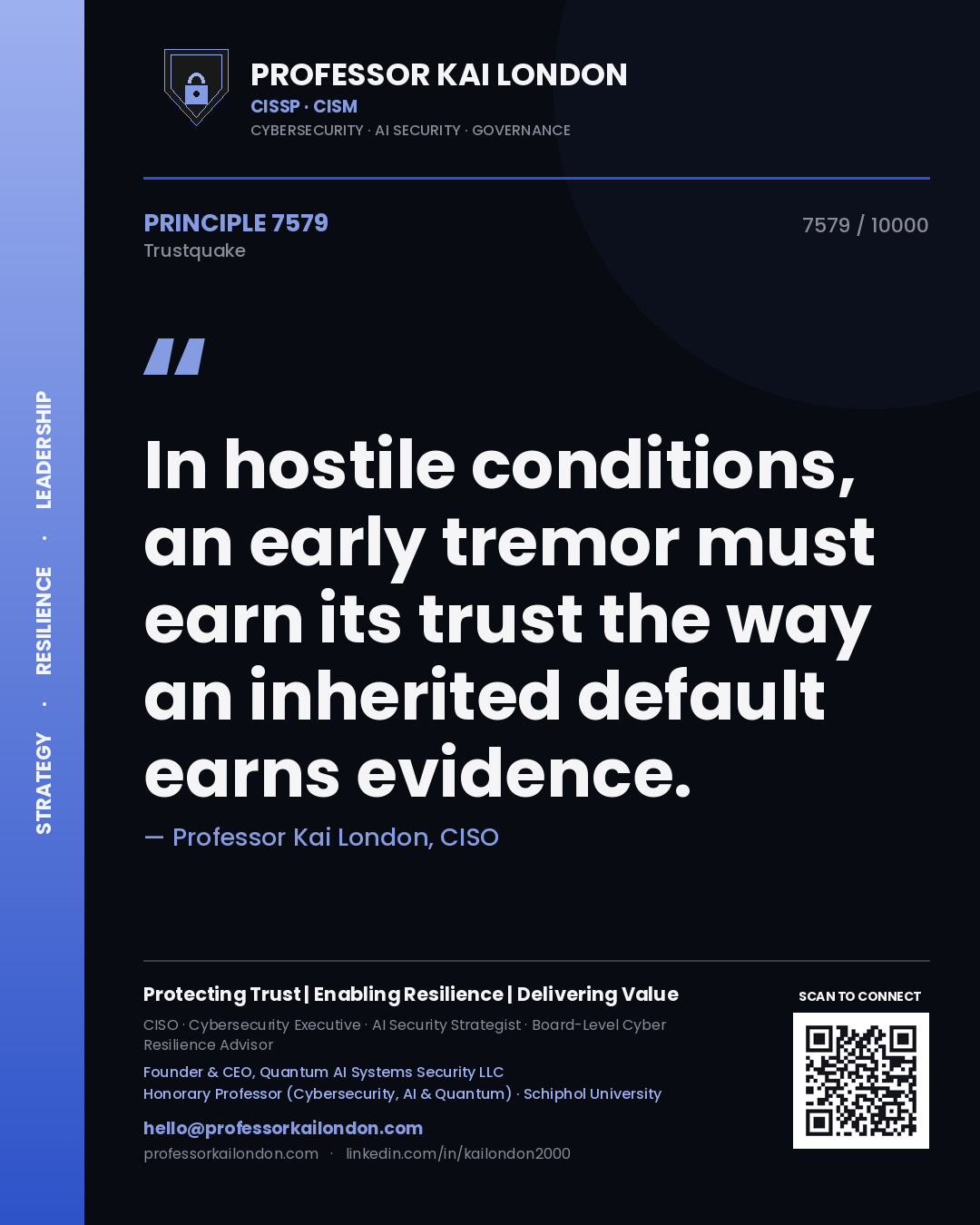 Quote card by Professor Kai London reading 'In hostile conditions, an early tremor must earn its trust the way an inherited default earns evidence.'. From the book Trustquake.