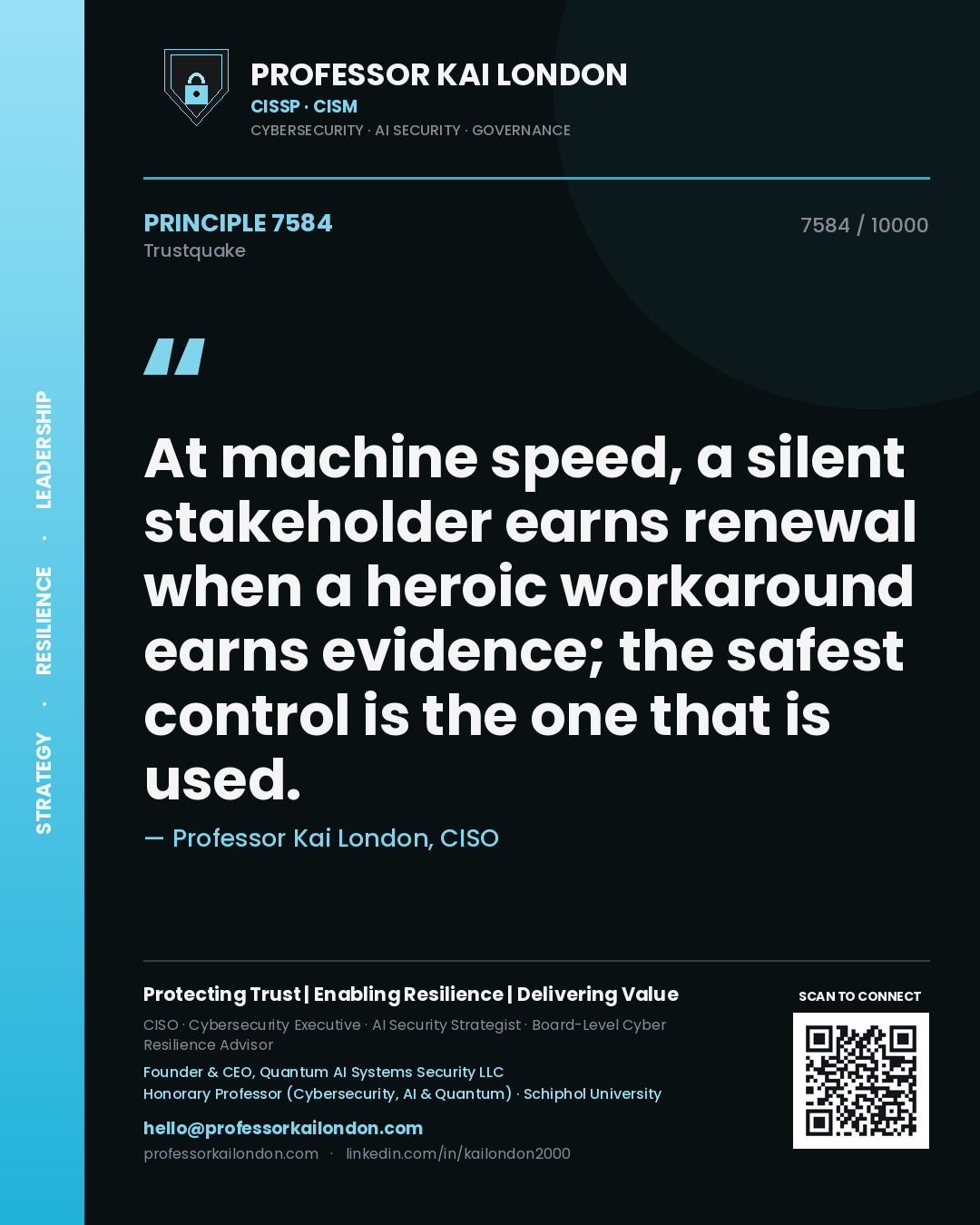 Quote card by Professor Kai London reading 'At machine speed, a silent stakeholder earns renewal when a heroic workaround earns evidence; the safest control is the one that is used.'. From the book Trustquake.