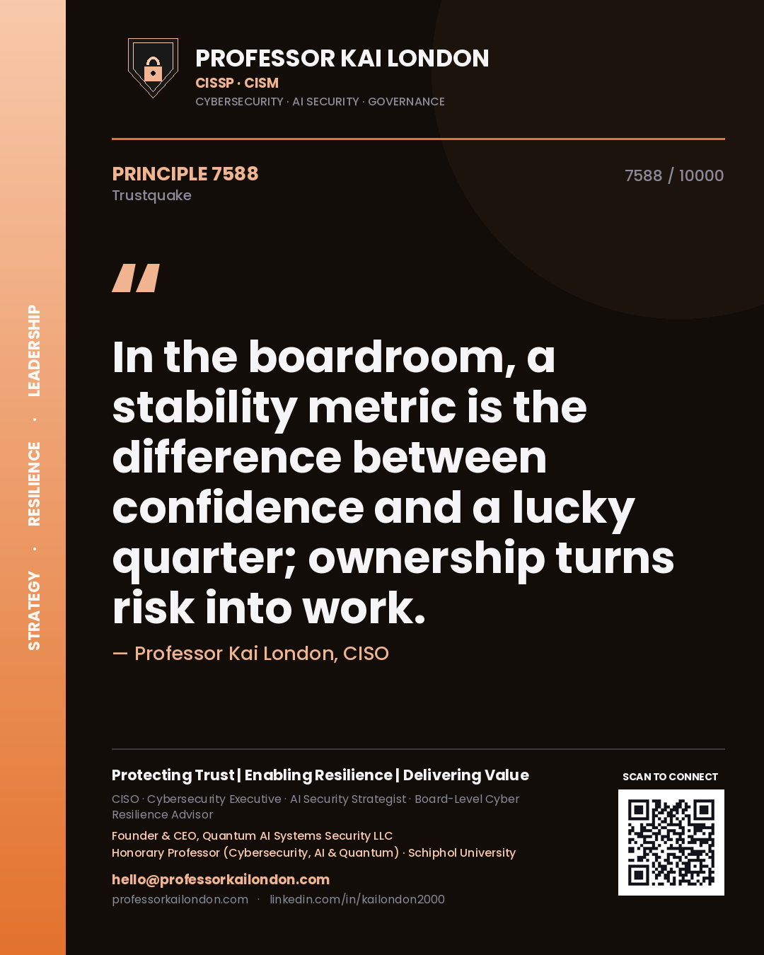 Quote card by Professor Kai London reading 'In the boardroom, a stability metric is the difference between confidence and a lucky quarter; ownership turns risk into work.'. From the book Trustquake.