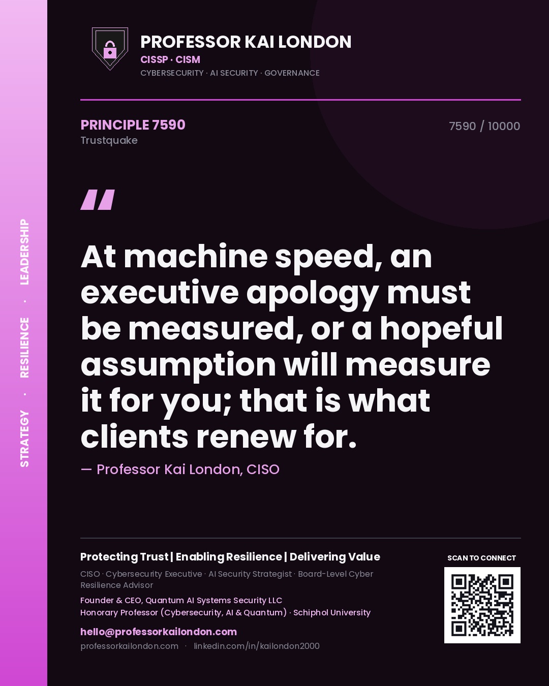 Quote card by Professor Kai London reading 'At machine speed, an executive apology must be measured, or a hopeful assumption will measure it for you; that is what clients renew for.'. From the book Trustquake.
