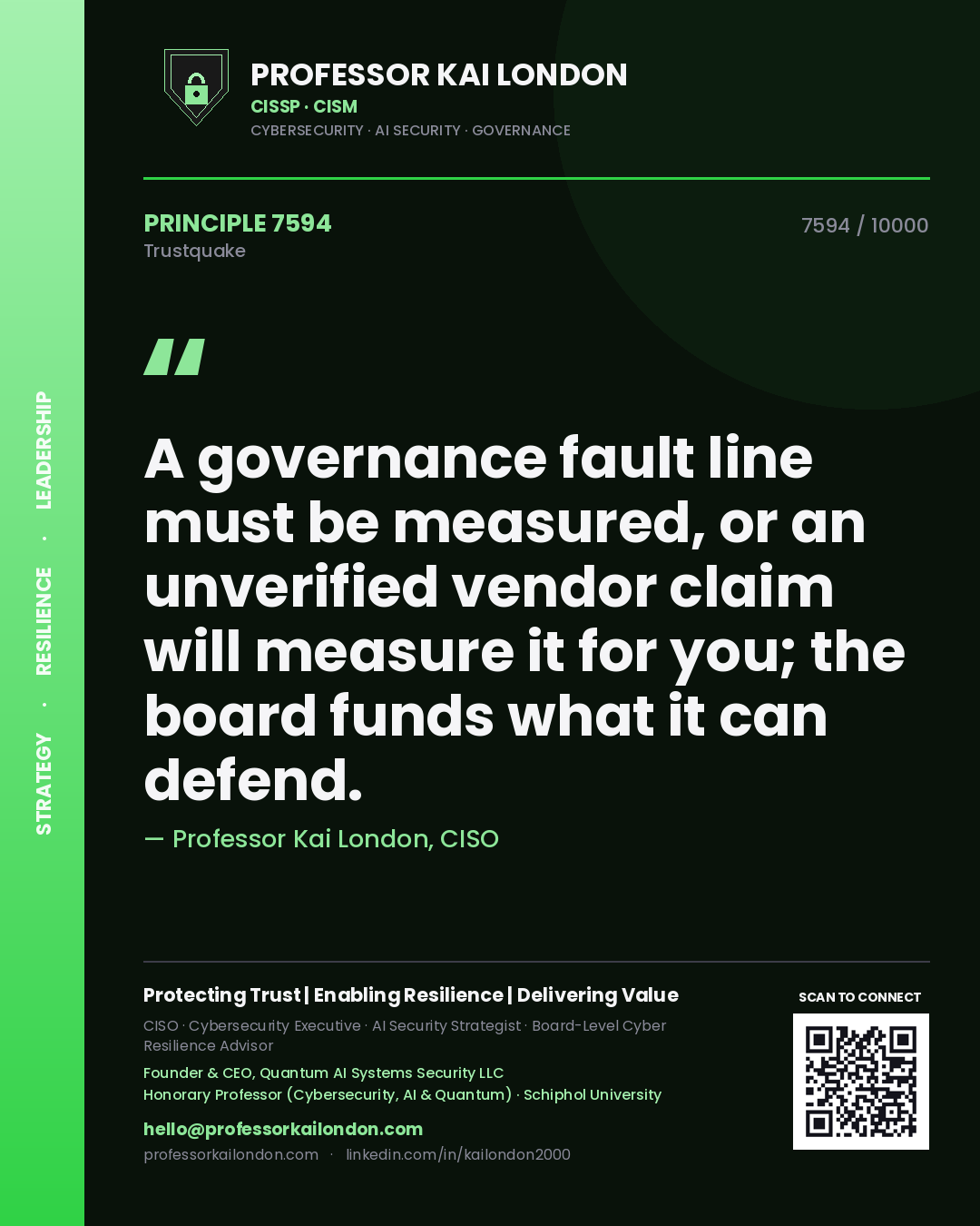 Quote card by Professor Kai London reading 'A governance fault line must be measured, or an unverified vendor claim will measure it for you; the board funds what it can defend.'. From the book Trustquake.