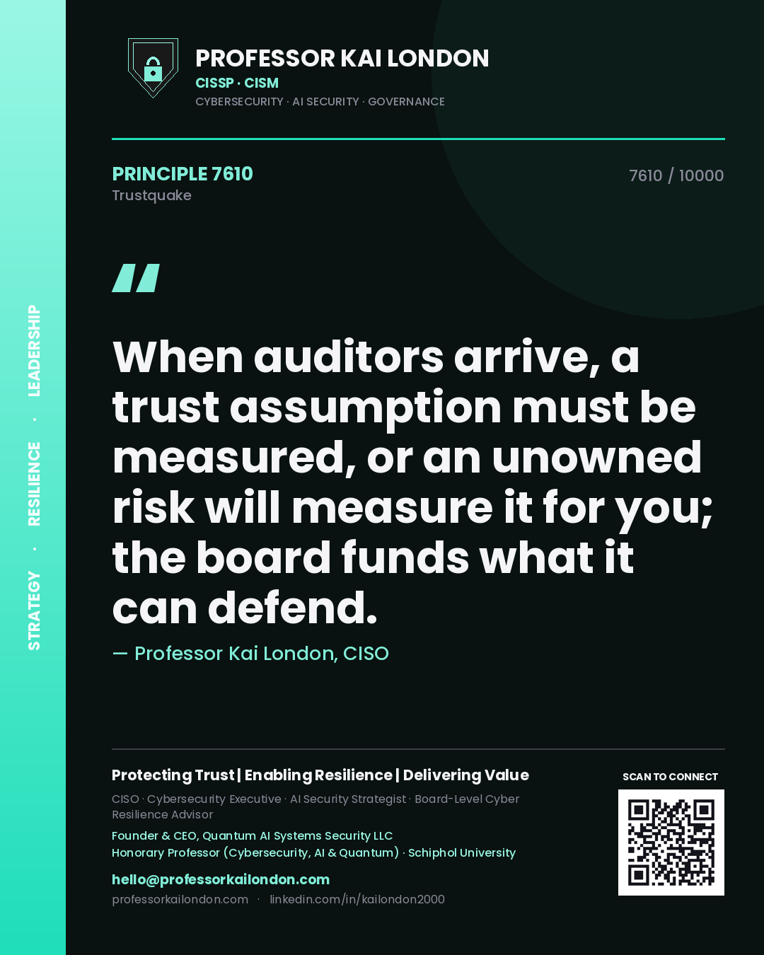 Quote card by Professor Kai London reading 'When auditors arrive, a trust assumption must be measured, or an unowned risk will measure it for you; the board funds what it can defend.'. From the book Trustquake.
